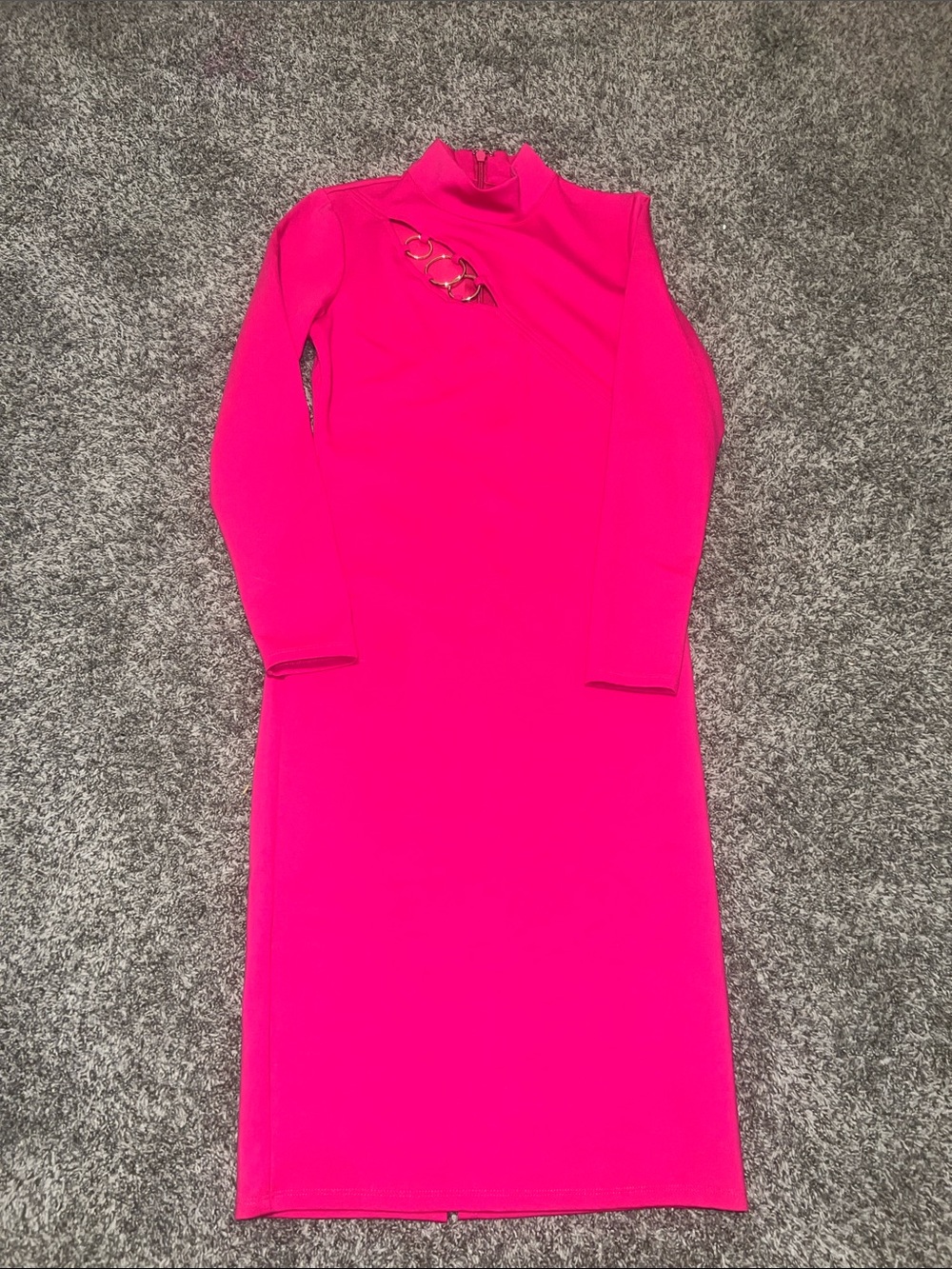 Bebe Hot Pink Long Sleeve Bodycon Dress with Chain Detail